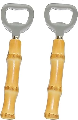 Abrebotellas de bambú de 2 piezas, abrebotellas de bambú de cerveza, mango artesanal de refrescos (amarillo)