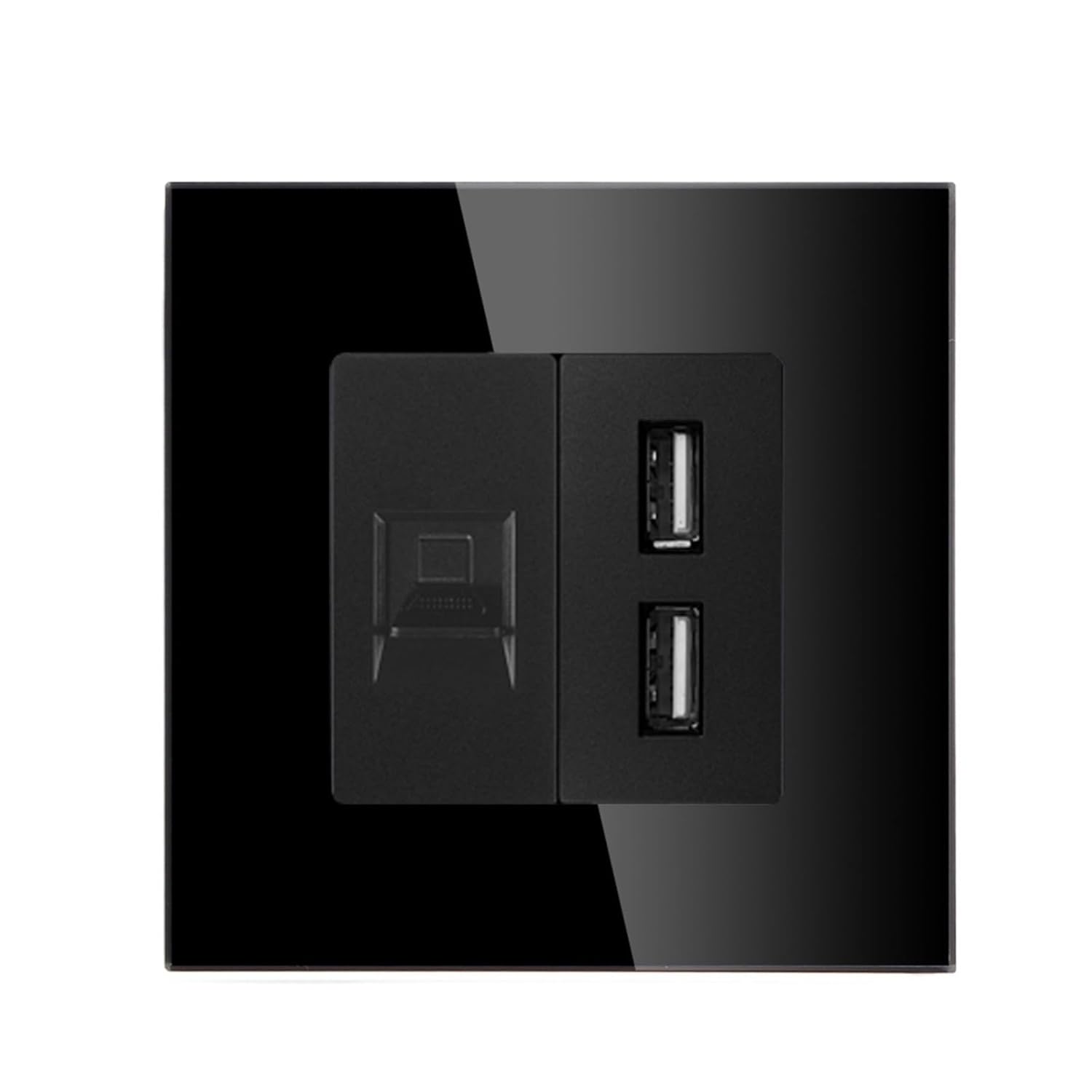 CAT5 Internet RJ45 Double USB Socket 2.4A with Single EU Power Outlets Double Wall Sockets 16A Glass Frame(CAT5 2USB Black)