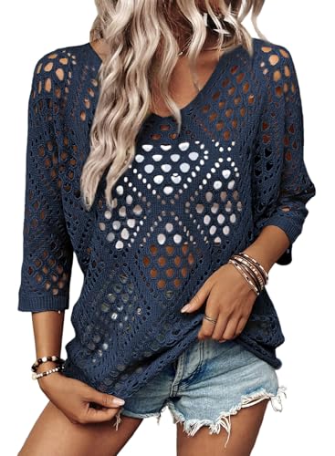 SHEWIN Sweaters for Women Trendy Crochet Oversized V Neck Hollowout Cover Up Knit Casual Summer Tops Dirty Blue XX-Large