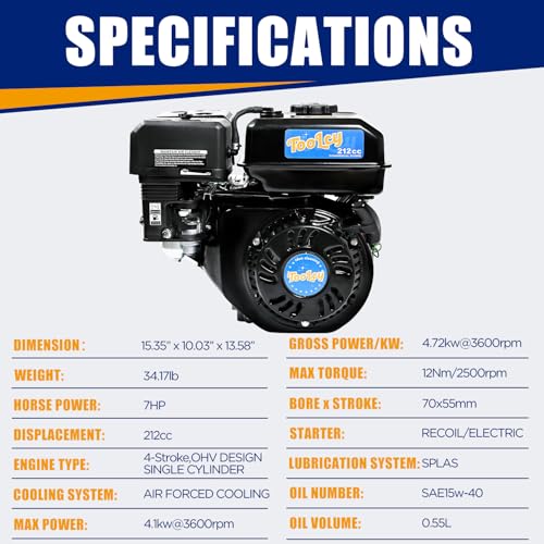 TOOLCY 212CC 7HP Gas Engine, 4 Stroke OHV Engine with Oil Sensor, Horizontal 3/4" Shaft, Replacement Gas Motor for Power Washer Pressure Washers, Easy Recoil/Electric Start - Image 3