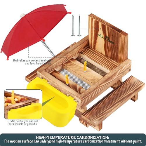 MIXXIDEA Wooden Squirrel Feeder Table with Water Bowl, Squirrel Picnic Table for Outside with Umbrella, Brown Squirrel Feeder with Corn Cob Holder Cute Chipmunk Feeder (Brown)