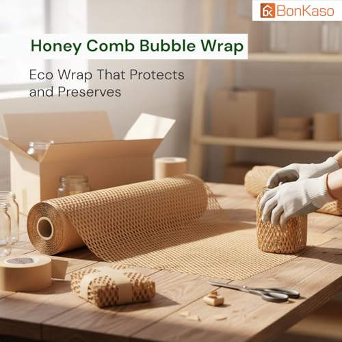 Image of BonKaso Honeycomb Paper Wrap Roll 50M x 12 Inch | 80 GSM Eco-Friendly Brown Packaging Roll | Cushioning & Shockproof Wrap for Fragile Items | Sustainable Packing Material for Shipping