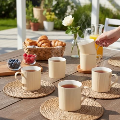 Image of Clay Craft Premium Fine Ceramic Coffee & Tea Mug Set with Elegant Gold Line Rim| Modern Ribbed Ivory Finish| Durable Build| Stylish Design for Home| Office & Gifting (240 Ml)
