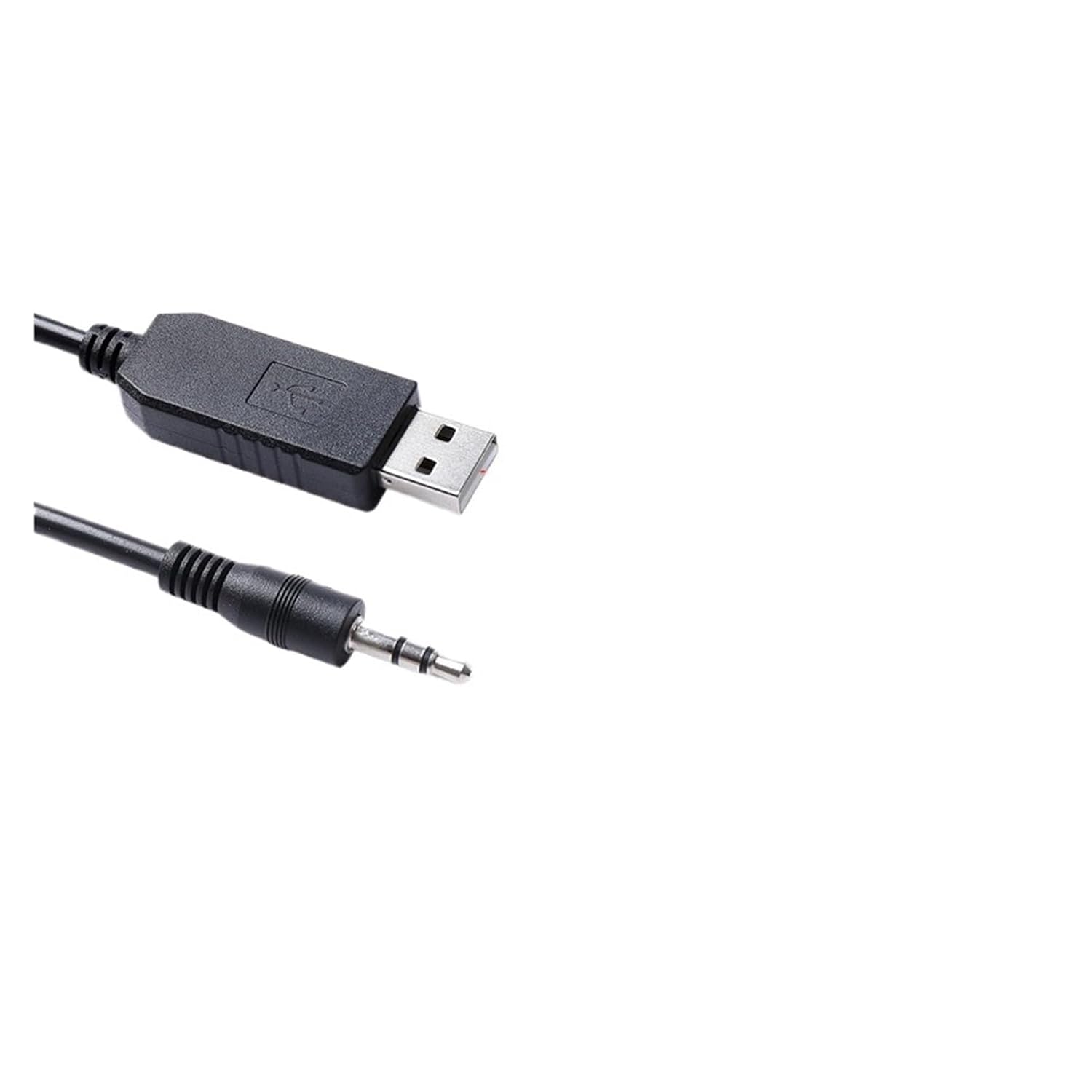Close-up of USB and 3.5mm connectors of the black cable