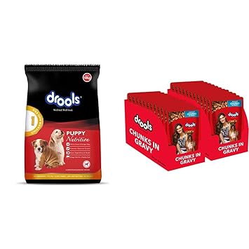 Drools Chicken and Egg Puppy Dry Dog Food , 10kg & Drools Adult Wet Dog Food, Real Chicken and Chicken Liver Chunks in Gravy, 24 Pouches (24 x 150g)