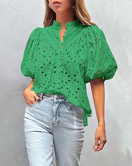 Green Eyelet Tops for Women Summer Tops Embroidered Button Down Shirt Hollow Out Half Puff Sleeve Blouse - Image 6