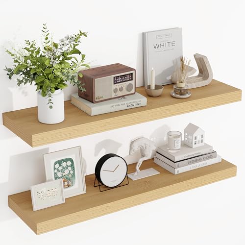 Acovy 36 Inch Floating Shelves, 3D Textured Wood Grain, 36"x9.25"x1.5" Inch Deep Floating Shelves for Wall, Wooden Shelves for Bathroom, Bedroom, Living Room, Natural, 2 Pieces