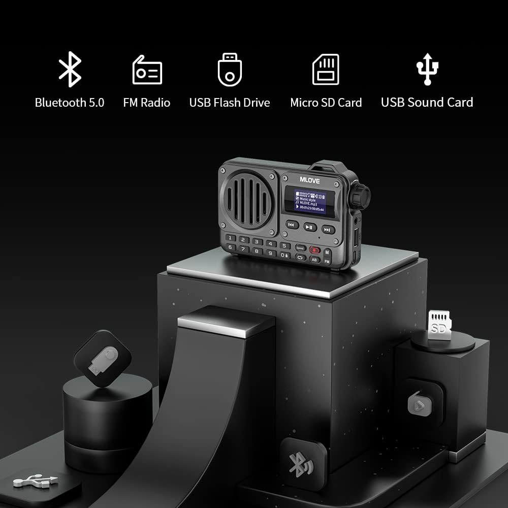 MLOVE BV800 Radio FM Portátil Pequeña Pantalla LCD y Altavoz Bluetooth, Admite Reproducción a través de BT 5.0, Entrada AUX, USB y Tarjeta TF para Disfrutar de la Música en Cualquier Lugar, Negro