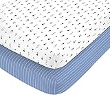 Carter's 100% Cotton Sateen 2 Piece Fitted Crib Sheets, Sports and Blue with White Stripe, Navy/Red/Blue/White