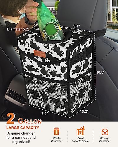 Image of Pritent Car Trash Can with Lid Leakproof Car Garbage Bag Vehicle Trash Bin | Hanging Automotive Garbage Can,Multipurpose Car Accessories for Women Men Interior Car Storage Organizer(2 Gal,Cow Print)