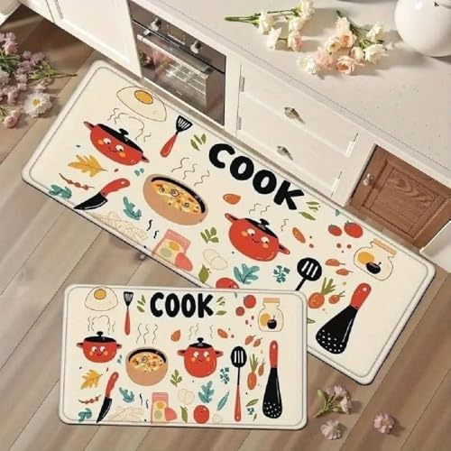 Image of SHREENIDHI Kitchen Floor Mat Set of 2 Rectangular Printed Mats for Sink Stove and Counter Area Placement with Kitchen Theme Geometric and Floral Design Options (Cook Mat 1)