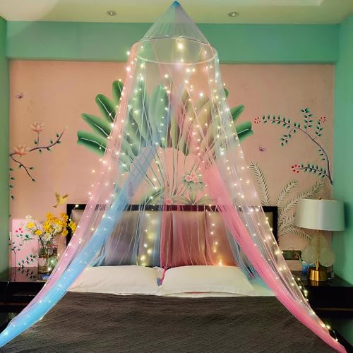 Image of Two-Tone Bed Canopy Mosquito Net, Bed Canopy for Girls Room Decor - Insect Protection Hanging Canopy for Indoor(Pink+Blue,with 250pcs Warm Lights)