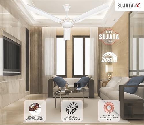 Image of Sujata Ceiling Fan | 3 Year Warranty | 100% Copper Winding, 1200mm | BEE 1 Star Rated Ceiling Fan for Living Room & Bedroom | Powerful Airflow, Energy Efficient, High Speed Performance (AL 450 White)