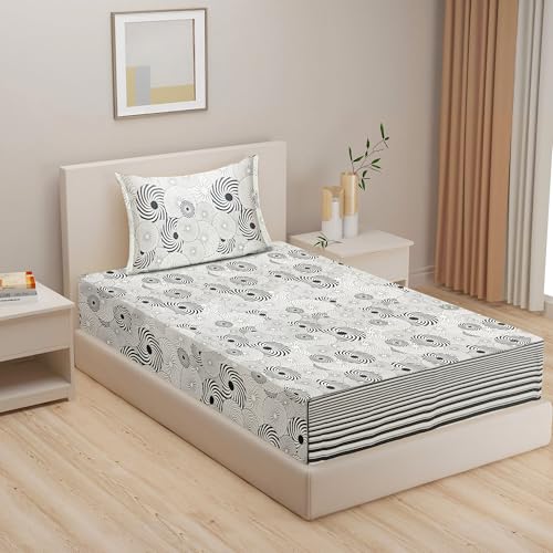 Image of Swayam Pure Cotton Single Bedsheet with 1 Pillow Covers | Size 60 x 90 inch | 160 TC | Geometric Design | Soft Breathable Bed Sheet | Comfortable & Durable for Bedroom - White