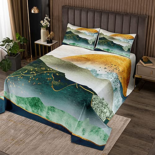 Erosebridal Smoky Mountain Bedding Golden Birds Sun Quilted Twin Landscape Natural Scenery Art Coverlet Set Green Tie Dye Mountain Folk Style Retro Print Decorative Bedspread #TOP10