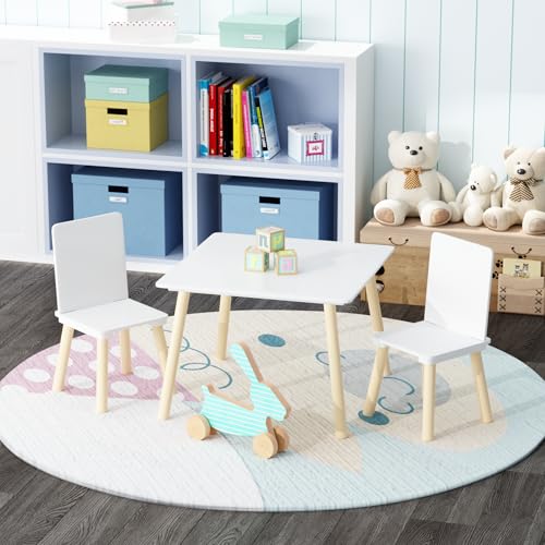 Image of Wood Table & Chairs 3 Pieces Set, Boys Girls Activity Table w / 2 Chairs, Solid Wood Legs, Safe Rounded Corners, Playroom Furniture for Boys & Girls Activity Dining Drawing Craft.