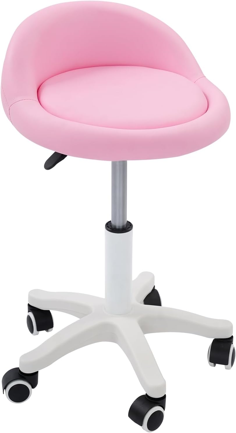 Adjustable Beauty Salon Chair with Backrest, Hydraulic Rolling Stool - 360° Swivel, PU Leather & Steel Frame for Spa, Massage, Nail Salon, Barber Shop, Medical Office (Pink)
