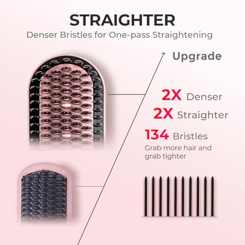 Image of TYMO Hair Straightener Brush - Upgraded Ionic Plus Straightening Brush with Dense Bristles, 16 Temps, Dual Voltage | Ceramic Hot Comb for Women | Flat Iron for Thick Curly Hair, Pink