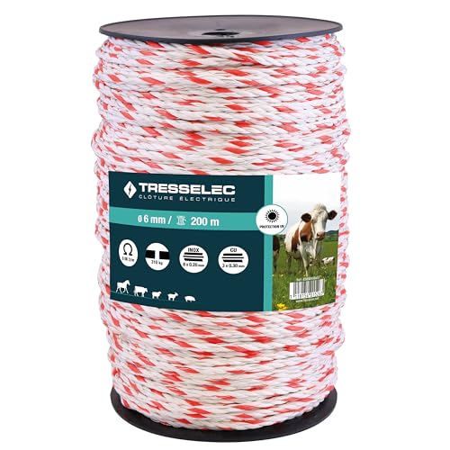 TRESSELEC - Cordon diamètre 6mm - Clôture électrique pour animaux (vache, chèvre, mouton, cheval) - Bobine de 200m - 8 fils inox diamètre 0,20mm et 3 fils...