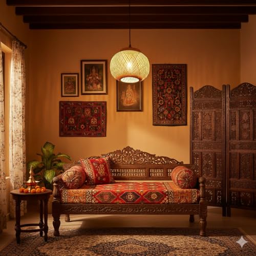 Image of Handmade Bamboo Hanging Lamp Shade with Holder & Wire | Eco-Friendly Natural Pendant Light for Living Room, Cafe, Restaurant & Home Decor | Boho Ceiling Lamp 20 * 20cm