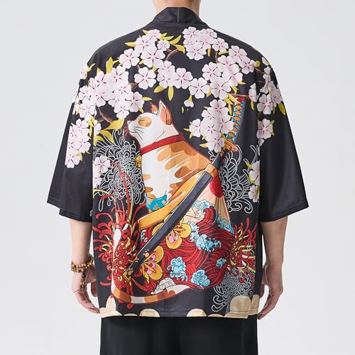 Image of Men's Japanese Kimono Robe Jacket Lightweight 3 /4 Sleeve Open Front Yukata | Silky Smooth Fashion Print Happi Coat Lightweight Breathable Loose Unisex Haori Casual Summer Cardigan Daily Beach Vacation