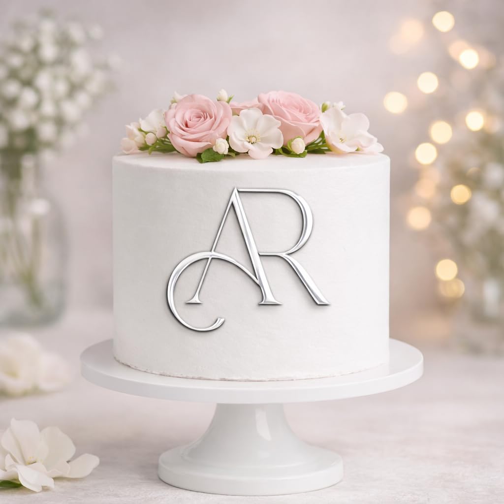 ZMR SHOP CRAFT Personalise Monogram Cake Topper, 3mm Thickness MultiColored Acrylic Initial Topper, Wedding and Birthday Decoration (Silver)
