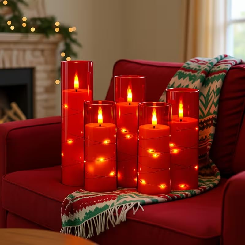 Image of Enido 10 Pc Flameless LED Candles with Remote & Timer, Battery Operated Acrylic Pillar Set, Flickering Electric Lights with Embedded Star String for Cozy Home & Holiday Romantic Decor (Red)