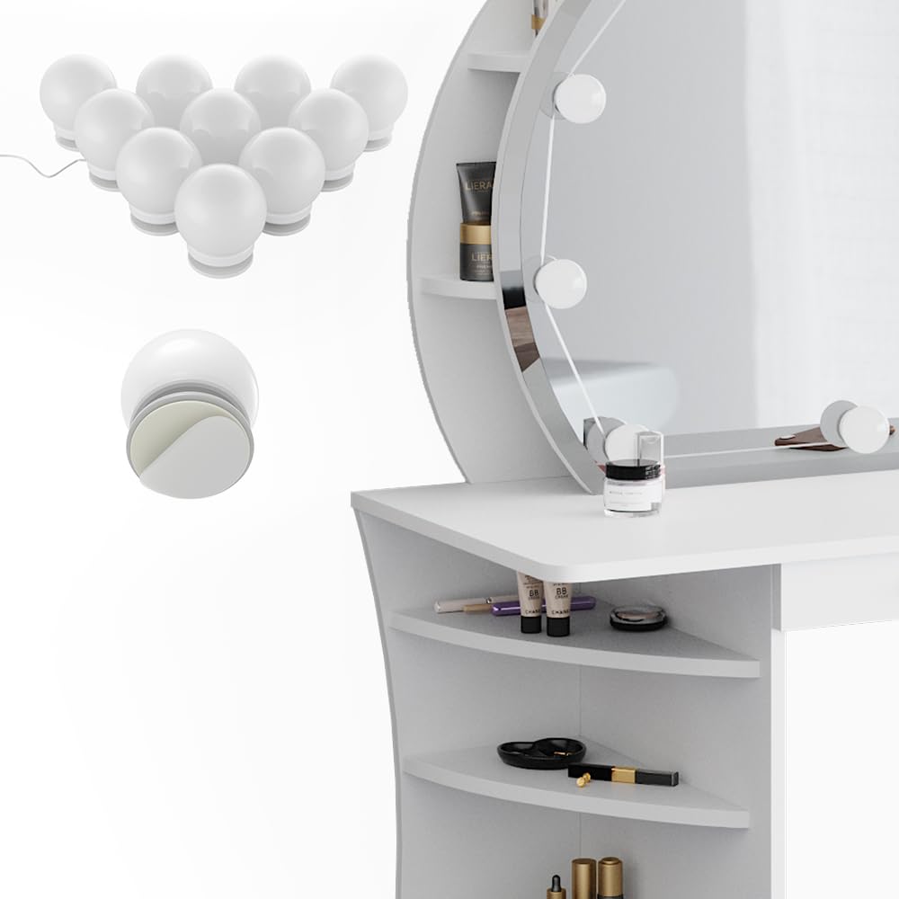 Vicco Coiffeuse Almina, Blanc, 100cm avec tabouret, Offre un espace de rangement supplémentaire pour maquillage et accessoires