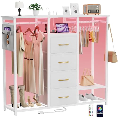 Image of YAKANJ Dresser for Bedroom with 2 Hanging Racks, 4 Drawer Storage Unit with Led Light and Charging Station, Brown Dresser with Clothes Rack, Bedroom Organization with Side Pocket and Hooks,White