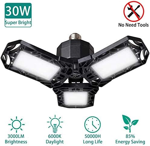 LED Garage Lights, 30W Deformable Garage Ceiling Light,3000Lumens CRI 80 6000k Led Light Bulb with 3 Adjustable Panels Basement Light