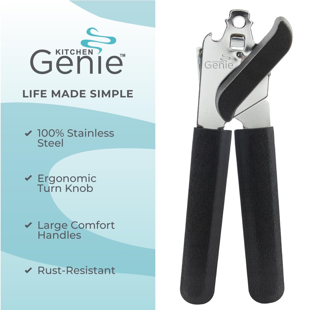 Kitchen Genie Robuster manueller Dosenöffner aus Edelstahl, glatte Kanten, rostfrei, übergroßer Handgriff, großer Deckelöffner, schwarz
