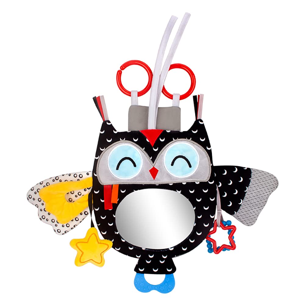 Giocattolo da Appendere per attività per Bambini con Specchio per Auto in-Sight, Regolabile per seggiolini Auto, passeggini, culle e Tempo sulla Pancia, con sonagli (Owl)