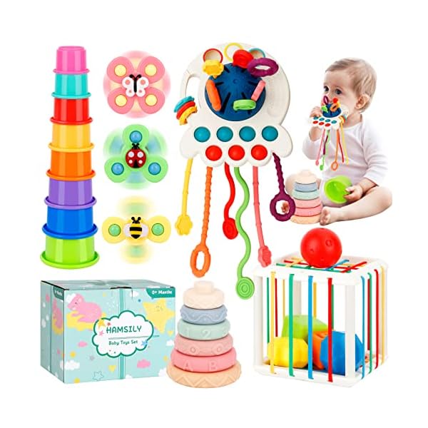 5 in 1 Montessori Toys for Babies 0-3-6-12-18 Months and Up: Infant Gifts Play Set Kids Sensory Learning Activity for Age 1 Year Old Boy Girl 4 7 8 9 Birthday Box Travel Bath Stacking Essentials Stuff