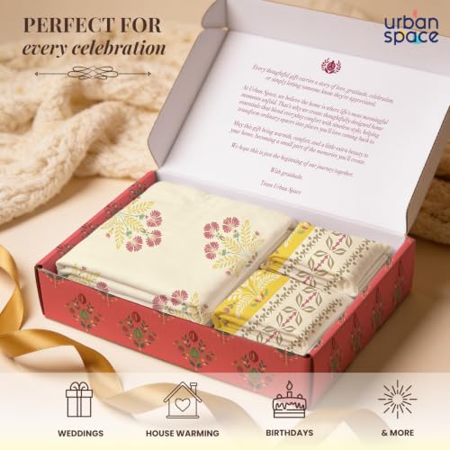 Image of Urban Space Festive Gifting Set- 100% Cotton Bedsheet for Double Bed, Floral Bed Sheet with 2 Pillow Covers Gift Set in Gift Box, 88 inch x 100 inch, Malhaar Mustard | Diwali, Festive & Housewarming Gift