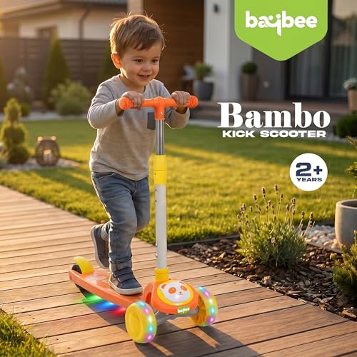 Image of Baybee Bambo Skate Scooter for Kids | 3 Wheel Kick Scooter with LED Wheels & Deck Lights with Music | 3 Height Adjustable Handle & Brake | Foldable Scooter for Kids 3 to 8 Years Boys & Girls (Orange)