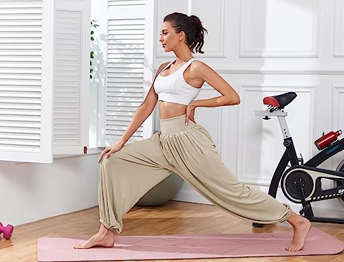 Famulily Summer Trousers for Ladies Women Loose Smocked High Rise Palazzo Harem Pants with Pockets Khaki S - Image 4