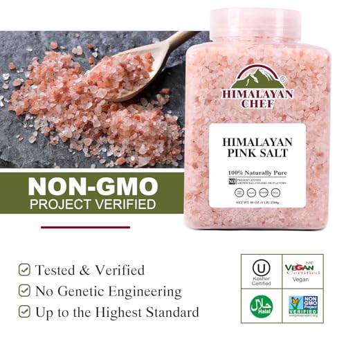 Image of Himalayan Chef Pink Himalayan Salt Coarse Grain, Plastic Jar - Pure, Natural, Kosher, Mineral-Rich, Ideal for Grinder Refills, Cooking, Seasoning, 80 Ounce (Pack of 6)