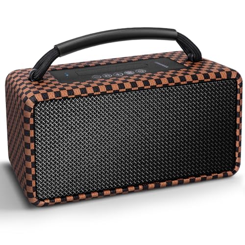 Image of DINDIN Portable Bluetooth Speaker: 80W (Peak), 20H Playtime, Wireless Big Wood Boombox with Deep Bass, Subwoofer, TWS, Large, Loud Speaker for Party, Outdoor, Backyard, Beach, Home,Gift(Black+Brown)