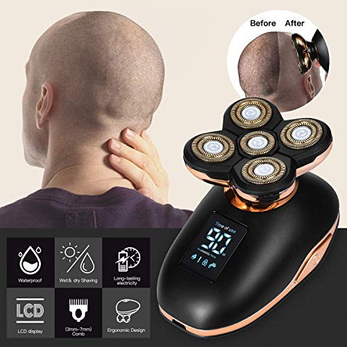 Roziahome Electric Razor for Men 5 in 1 Bald Head Shaver Hair Clippers Wet and Dry Electric Shaver for Men Head and Face Grooming Kit Cordless Rechargeable LCD Display