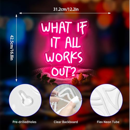 Image of Neon Sign, What If It All Works Out Neon Signs for Wall Decor - Pink Motivational LED Light for Home, Office, Room - USB Powered Light Up Sign Decorations