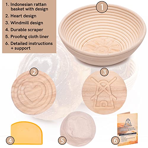 9 In Bread Proofing Basket Set - Make Sourdough Bread With Our Banneton Basket And Removable Design Inserts Dough Scraper & Cloth Liner Gift For Bakers By Artizanka (Basket+Patterns) #TOP3