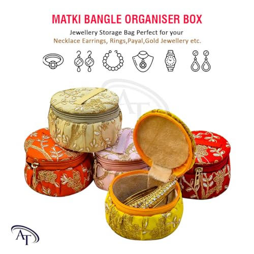 Image of Rishabh Overseas Multipurpose Box Pack of 6 | Matki Shape Embroidery Jewellery Organiser & Earring, Bracelets, Chudi Storage Box | Stylish Wedding Women Return Gift | Bridal Storage Box (Multicolor)