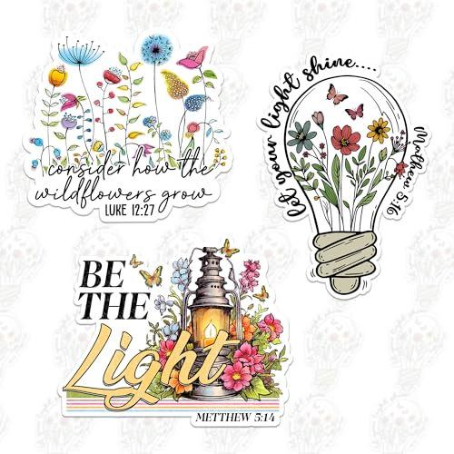 3 Pcs Bible Verse Sticker Pack – Christian Faith Vinyl Decal “Be The Light” Matthew 5:14, “Let Your Light Shine” Matthew 5:16, “Wildflowers Grow” Luke 12:27 – Waterproof Laptop Water Bottle Car Gift