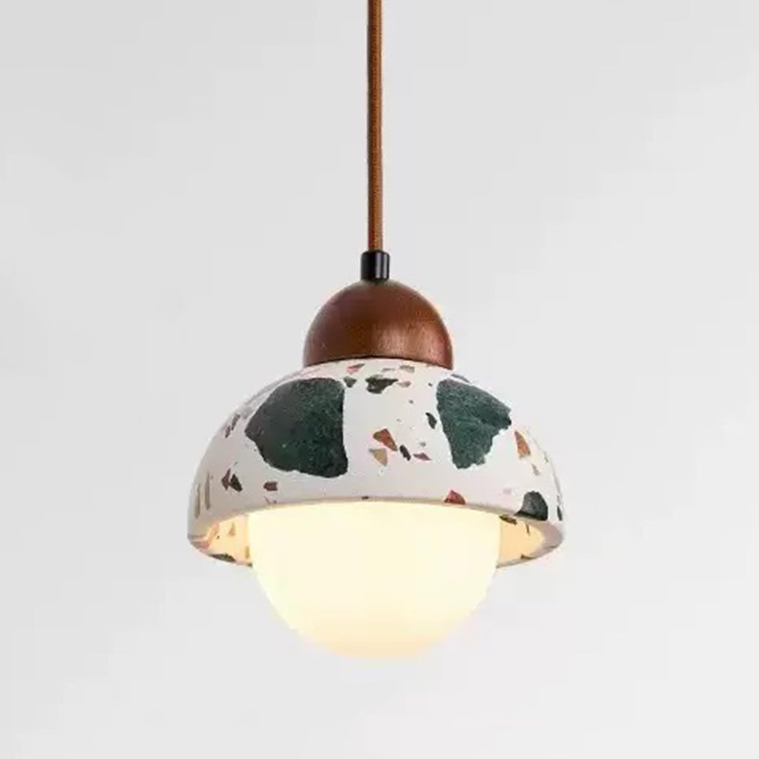 MTNROO Nordic Style Terrazzo Ceiling Light Chandelier 5.9 in Natural Stone Pendant Lamp Semi-Circular E27 Base Hanging Fixture Wood Art Decoration Lighting Fixtures for Bedroom Restaurant Bar Shop