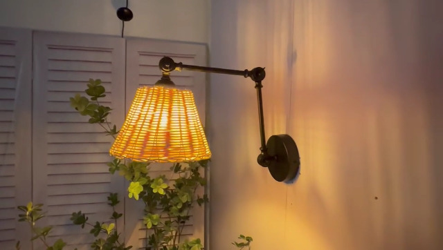 Image of SUNLLOK Modern Plug in Wall Sconces with Switch - Industrial Swing Arm Rattan Lampshade Wall Light Fixture - Indoor Metal Rustic Reading Wall Mounted Lamp Decoration for Living Room, Bedroom