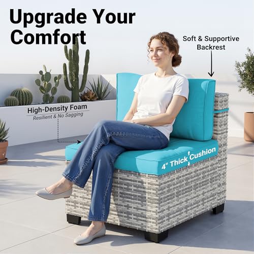 Image of 14-Piece Patio Furniture Set, Outdoor Sectional with Thick Cushions, Modular Patio Sofa, Dual-Strand Wicker Rattan, Rust-Resistant Frame, Backyard Furniture for Garden, Deck, Lake Blue