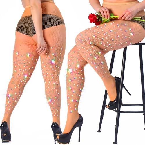 Image of HONENNA Queen Plus Size 10X Strong Rhinestone Fishnet Stockings, Ultra Sparkly High Waist Tights for Women, Party Concert