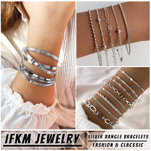 IFKM 5 PACK (35 PCS) Silver Chain Bangles Bracelets Set for Women, Silver Multiple Layered Stackable Open Cuff Bangle Anklet Bracelet Trendy Elegance Link Beads Italian Boho Cuban Jewelry for Women Gift2