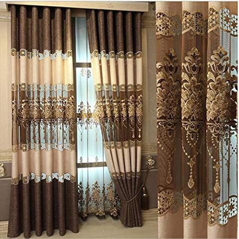 ZHANGXIAOFENG European embroidered Blackout curtains For bedroom living room, with eyelets, 135 * 245cm (W * H) / brown / 2 pieces Cover