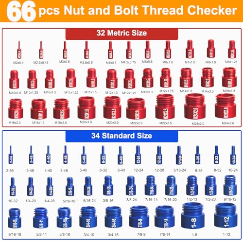 Image of 66 Pcs Nut and Bolt Thread Checker - 34 Standard & 32 Metric, Detachable Bolt Size Finder Tool, Screw and Nut Identifier Thread Gauge Especially for Tight Spaces
